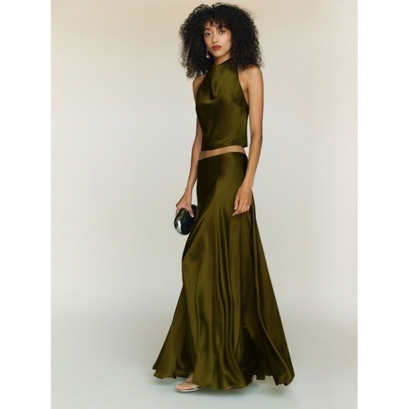Reformation Dresses & Skirts - Reformation Sera Silk Two Piece Set Green Halter Crop Top Maxi Skirt